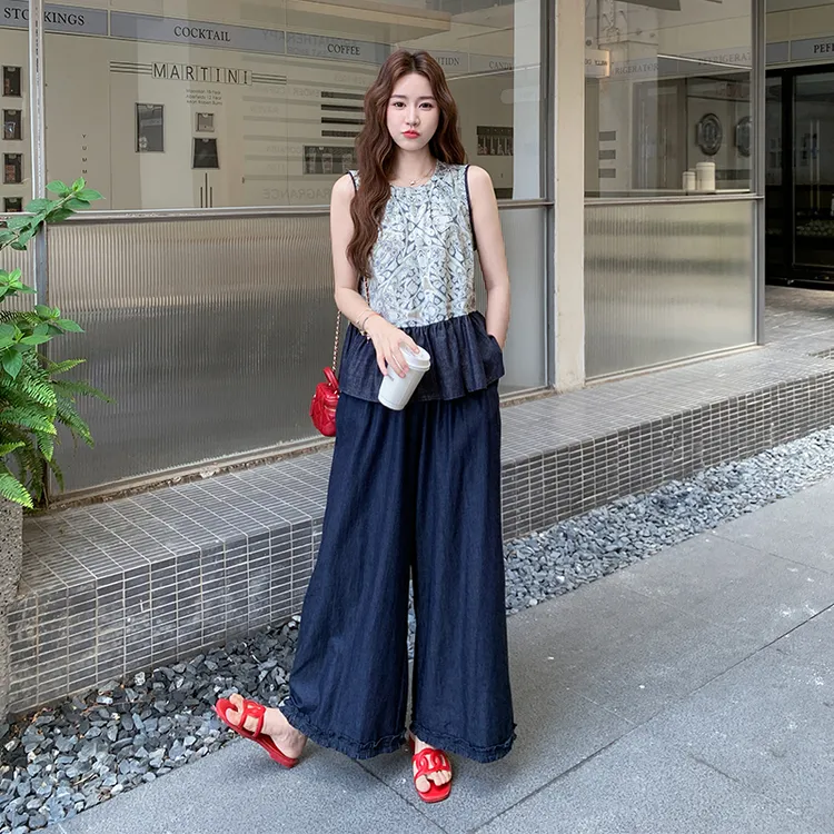 复古蕾丝拼接短袖上衣套装2025年夏季新款高腰牛仔阔腿裤两件套女