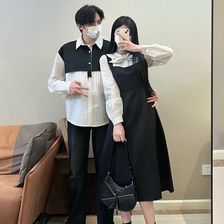 情侣装春夏条纹衬衫拼接高腰学院风显瘦长袖假两件连衣裙男衬衫