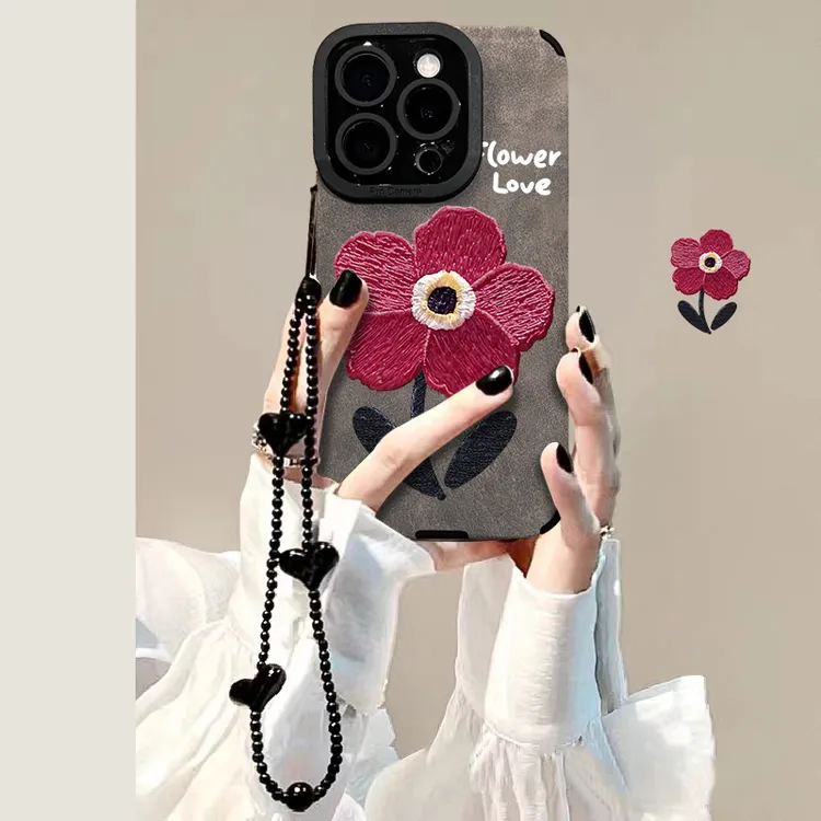 油画红花适用于苹果15华为vivo/oppo小米iPhone16pro翻毛皮手机壳