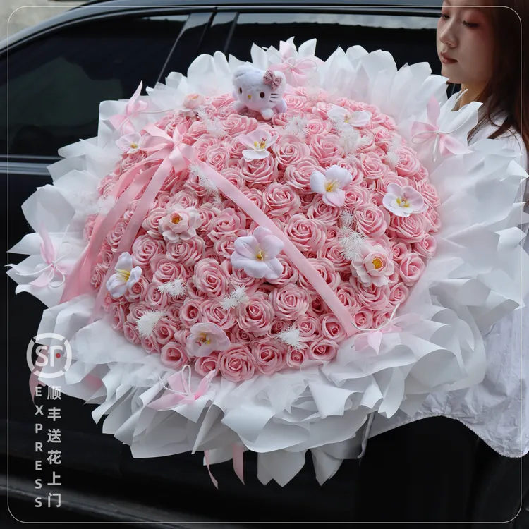 199朵粉玫瑰混搭多巴胺花束生日礼物送女友闺蜜情人节永生花求婚
