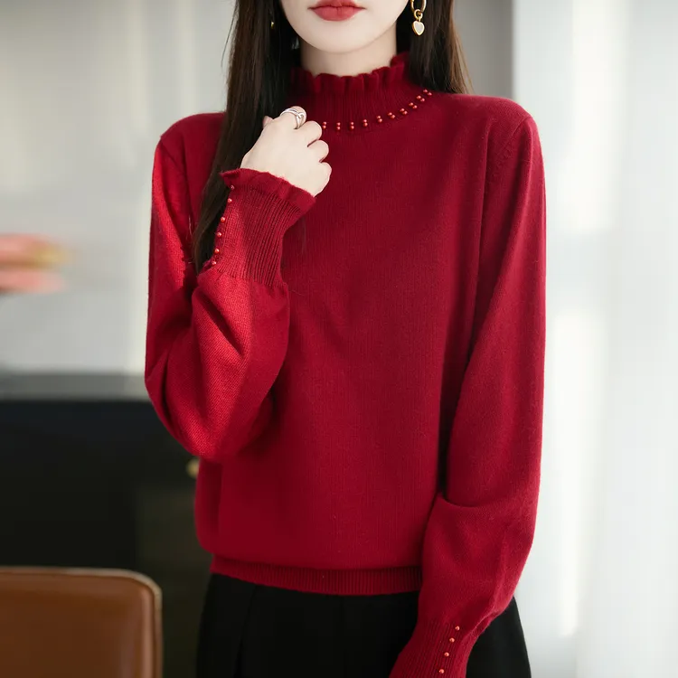 鄂尔斯市纯100羊毛衫秋冬爆款红色钉珠半高领宽松毛衣女士打底衫
