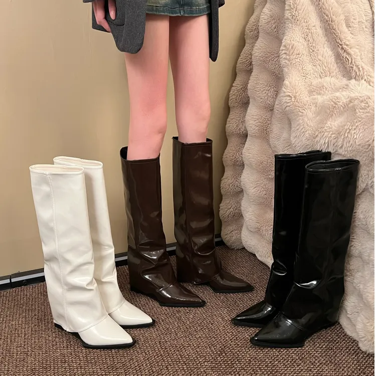 漆皮裤管靴尖头高筒靴高跟长筒靴不过膝长靴子推荐显瘦骑士靴潮鞋