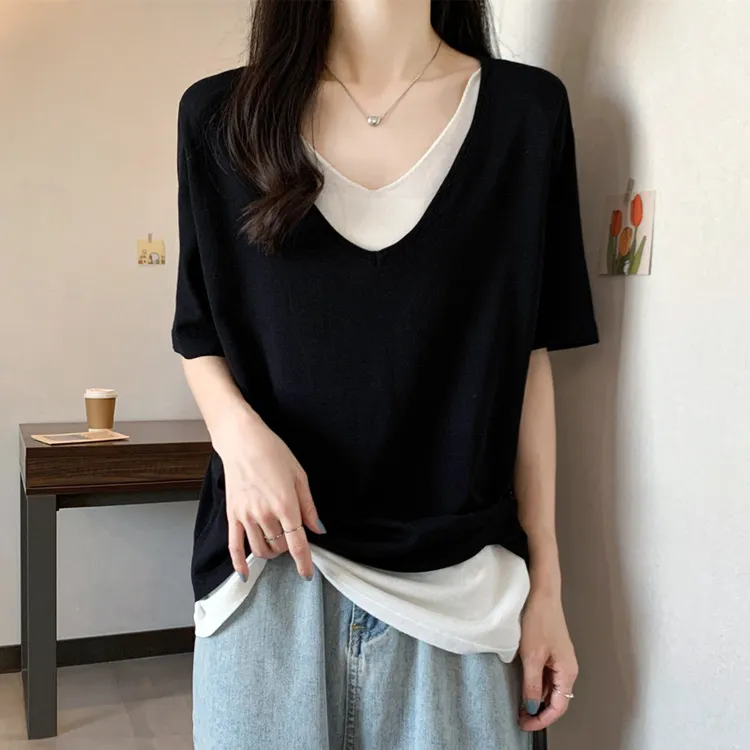 大码假两件V领冰丝短袖针织衫女夏季薄款胖M宽松显瘦百搭洋气上衣