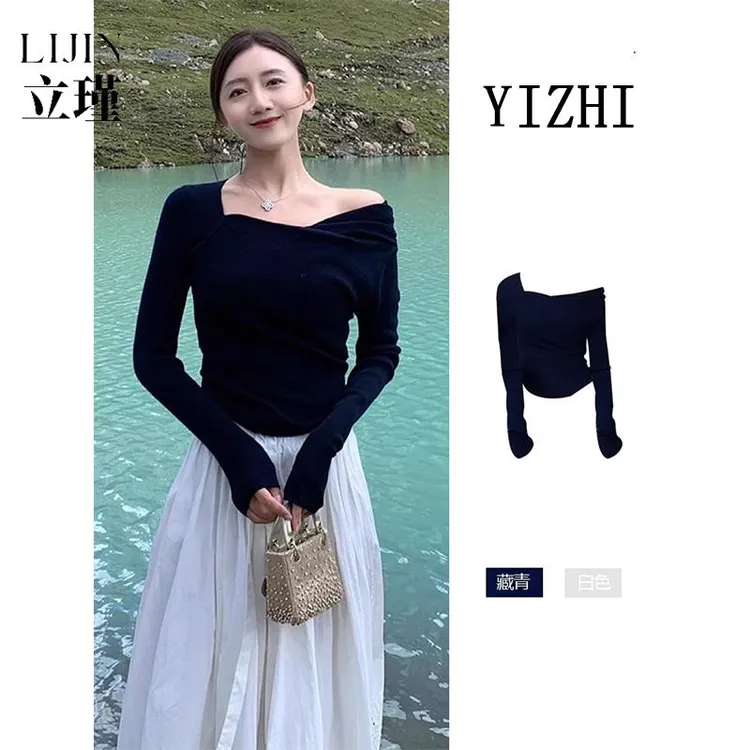 绑带露背斜肩长袖T恤女秋季季修身内搭打底衫高级感女小个子T恤