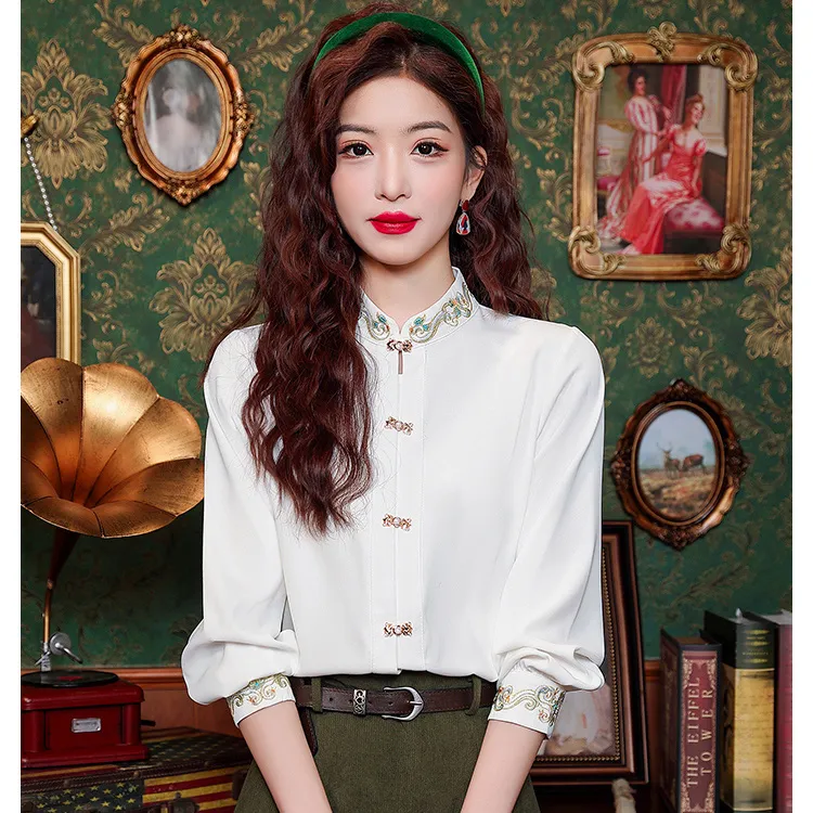 马面裙上衣搭配长袖衬衫女轻奢高级感白色立领雪纺新中式国风小衫