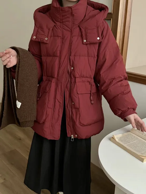 2025圆环款外套时尚保暖短款休闲百搭连帽宽松加厚纯色冬季羽绒服