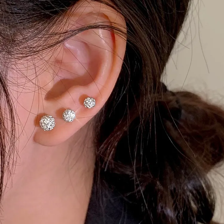 合金耳饰 圆形OL免摘满钻球耳钉轻奢风精致耳骨钉拧螺丝耳饰百搭