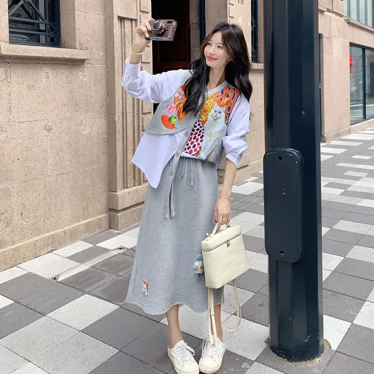 洋气氛围感超时尚减龄套装女秋季新款设计感假两件衬衫半裙两件套