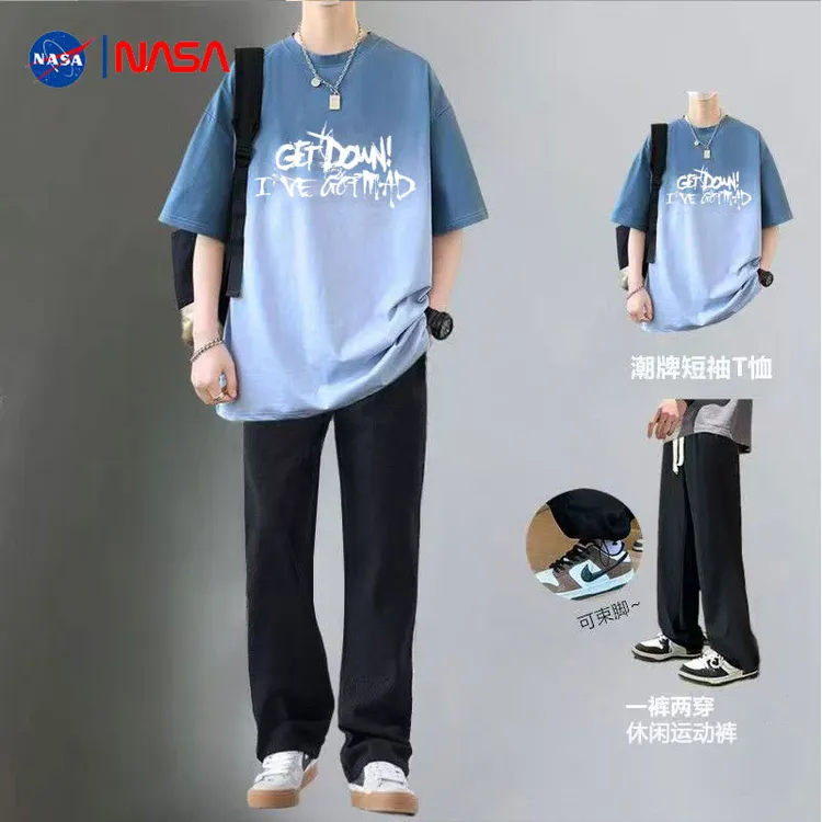 NASA短袖t恤男夏季套装搭配长裤潮流帅气阳光干净男生穿搭一整套