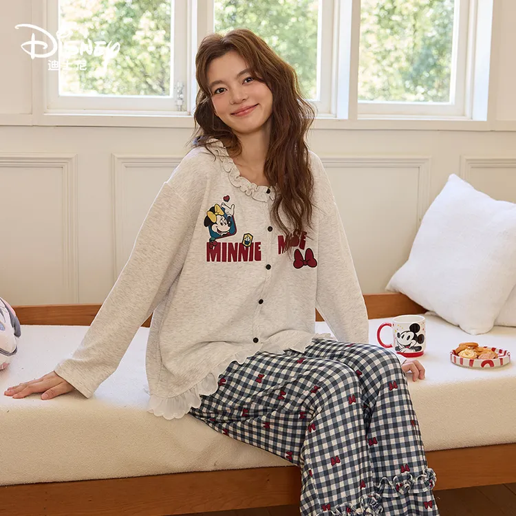Disney迪士尼女秋冬羊绒蚕丝开衫长袖长裤带胸垫舒适家居服0206