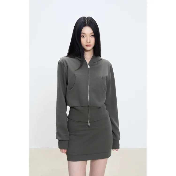 withmin凉皮 北海公式 辣妹百搭休闲拉链短外套+中腰半裙2523974