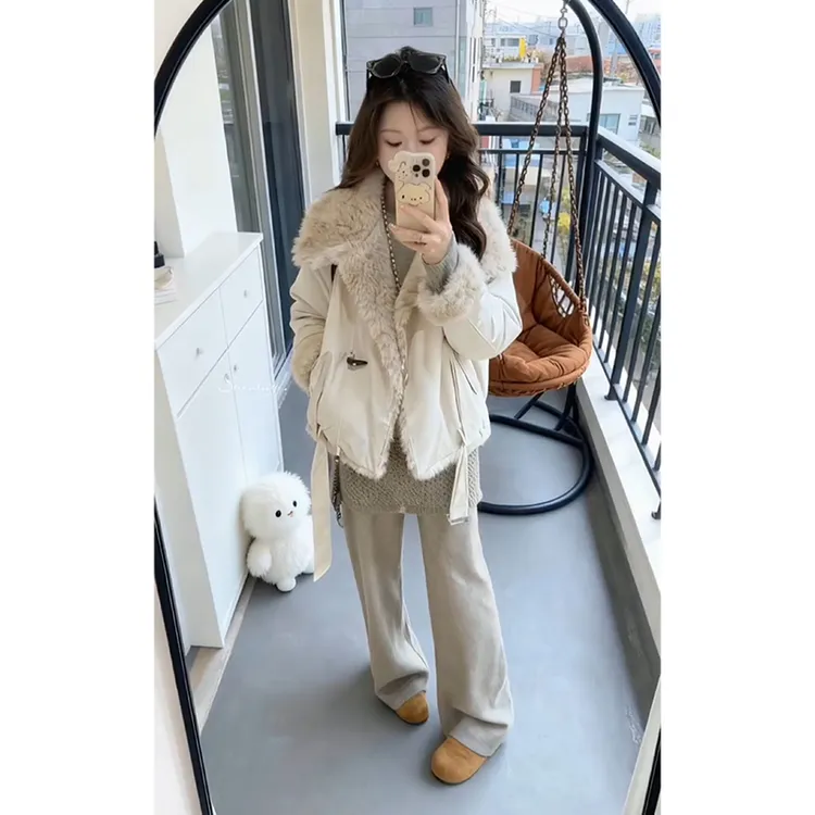 MARIE.COCO设计感毛领派克服环保皮草棉服外套屁帘休闲裤秋冬套装