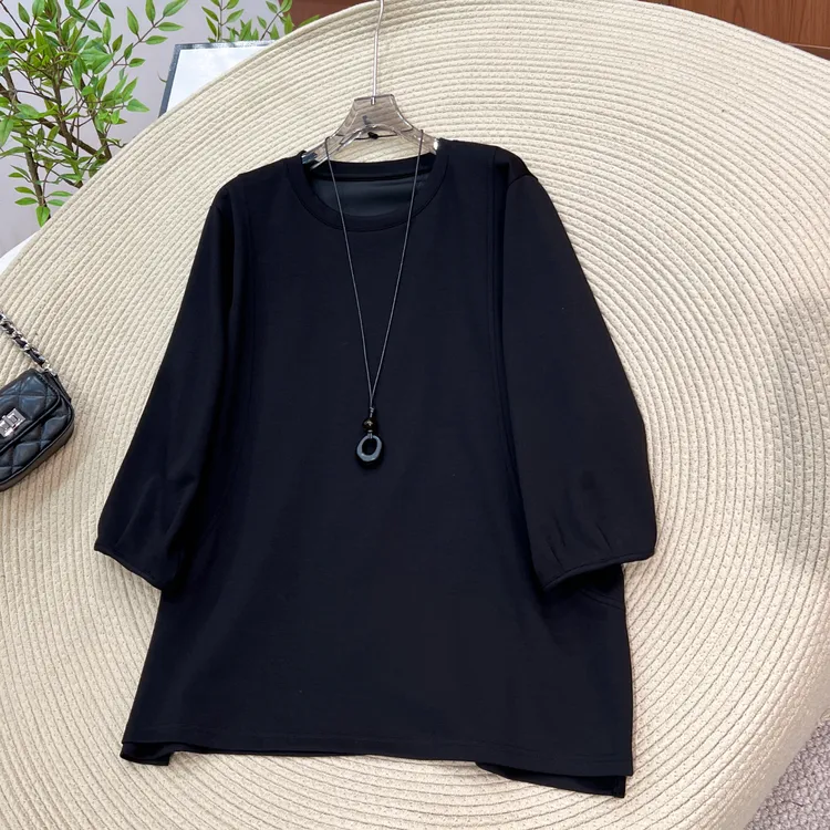 必魅韩系七分袖T恤时尚休闲2025早秋新款黑色中袖上衣2651女装