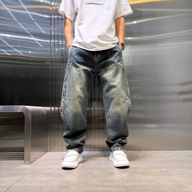 2025秋冬新款美式做旧阔腿休闲男牛仔裤时尚潮流宽松男士弯刀裤