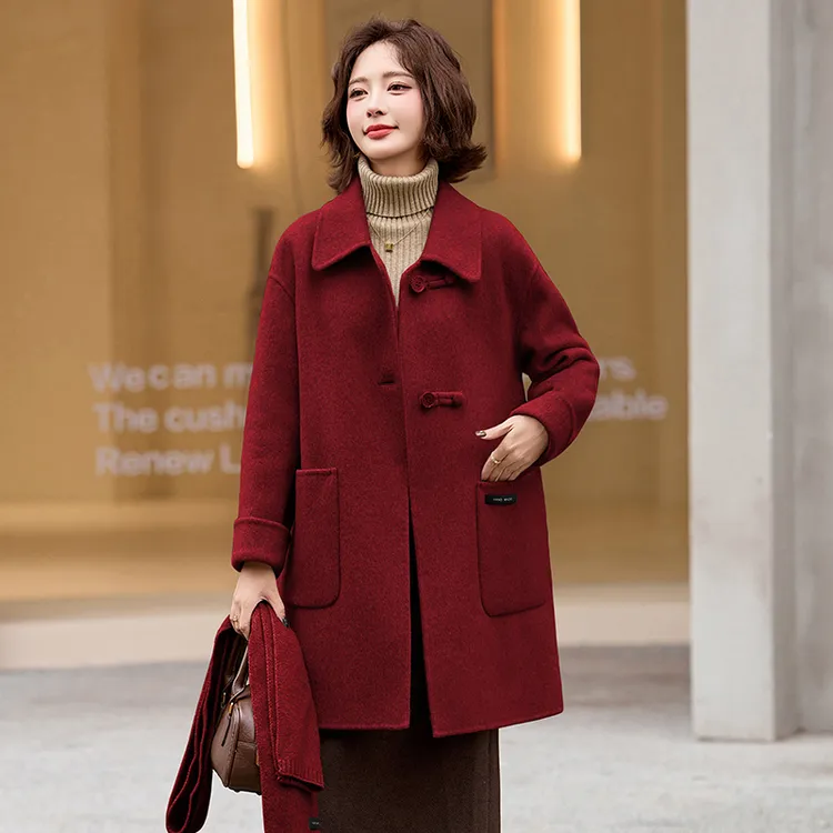 妈妈羊毛大衣2025新款中老年女装双面绒外套中长款喜婆婆婚宴装