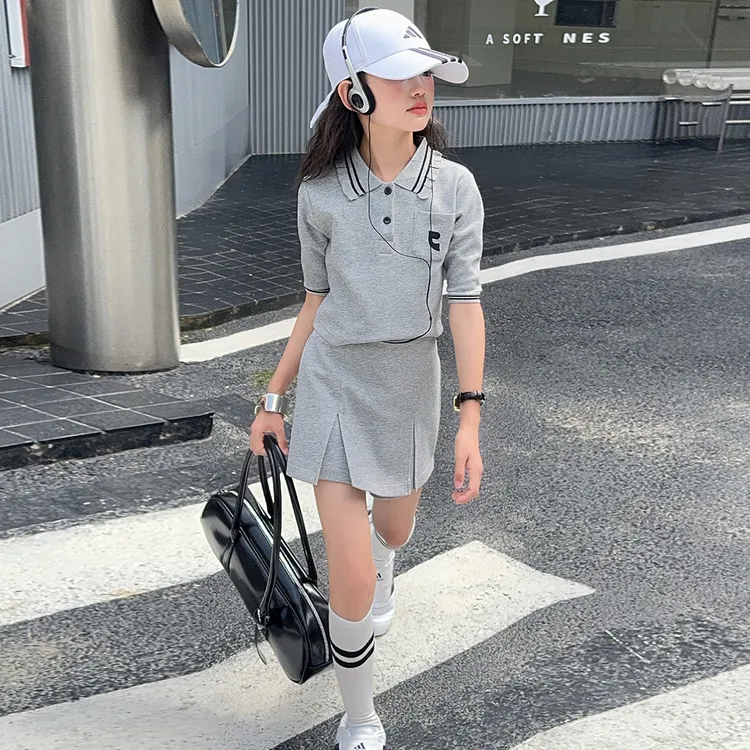 女童夏装套装木耳边Polo领短袖2025新款大童五分袖T恤裙裤两件套
