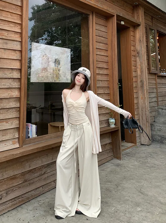 中长款开衫女落肩长袖显瘦薄款防晒衫外套挂脖背心休闲阔腿裤