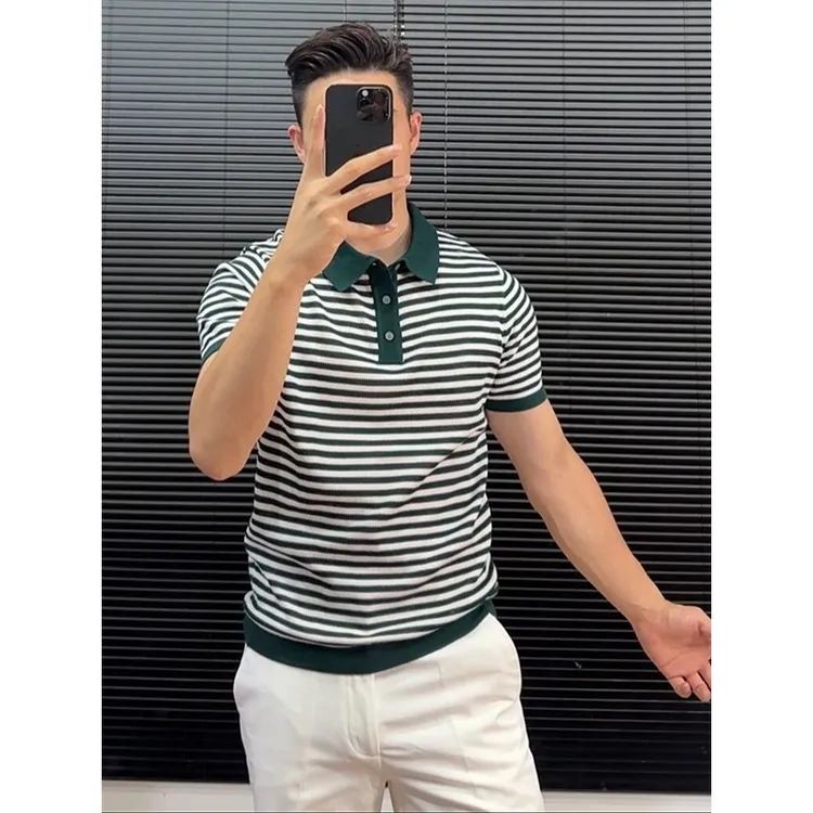 高端条纹冰丝短袖男士polo衫夏季薄款高级感商务休闲翻领T恤上衣