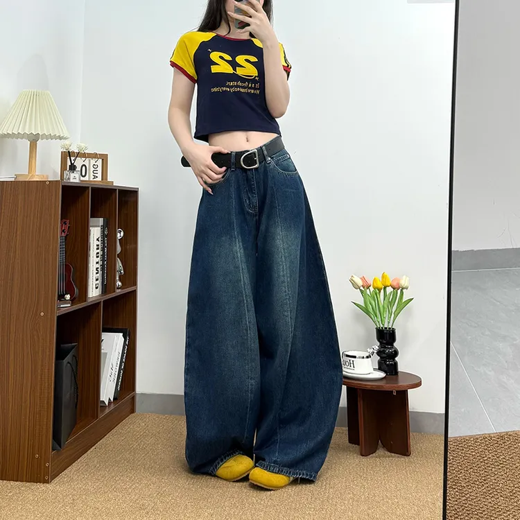 爆款气球牛仔裤女2025秋季新款高腰宽松显瘦阔腿拖地长裤