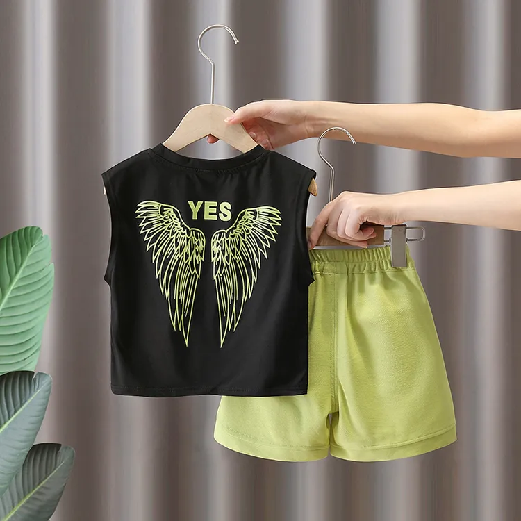 儿童夏季无袖套装2025新款洋气男童夏装印花背心炸街薄款两件套夏