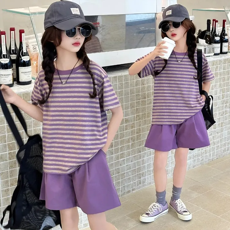 女童短袖套装2025新款夏季中大童洋气条纹T恤上衣薄款短裤儿童潮t