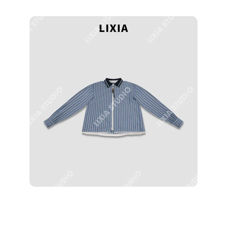 LIXIA【都市领秀】INS潮休闲风通勤时髦蓝条撞色翻领拉链衬衫-D9593