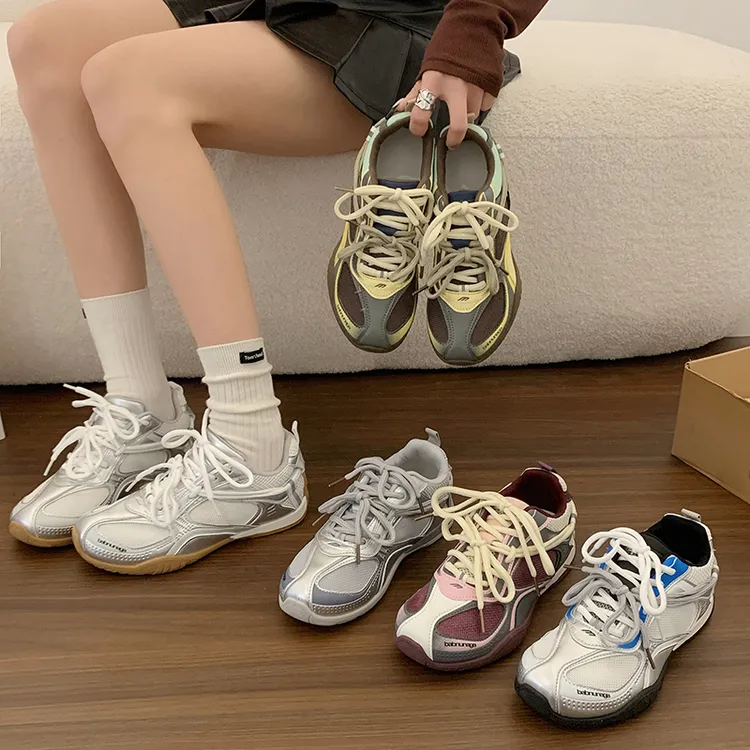 机能风银色网面德训鞋女2026新款夏季百搭系带透气厚底运动休闲鞋商品图