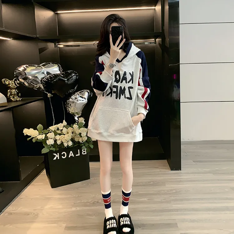 慵懒风春秋连帽韩版印花宽松套头拼接卫衣复古港风中长款休闲上衣