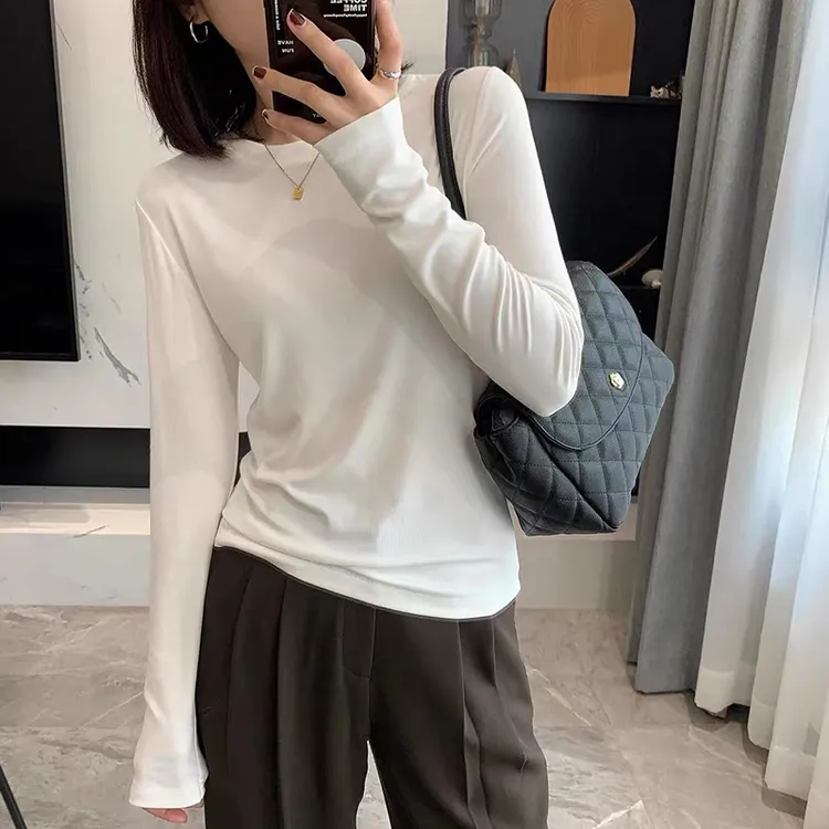 巨好看高级感韩系正肩纯色长袖t恤女修身显瘦内搭打底衫衣服上衣