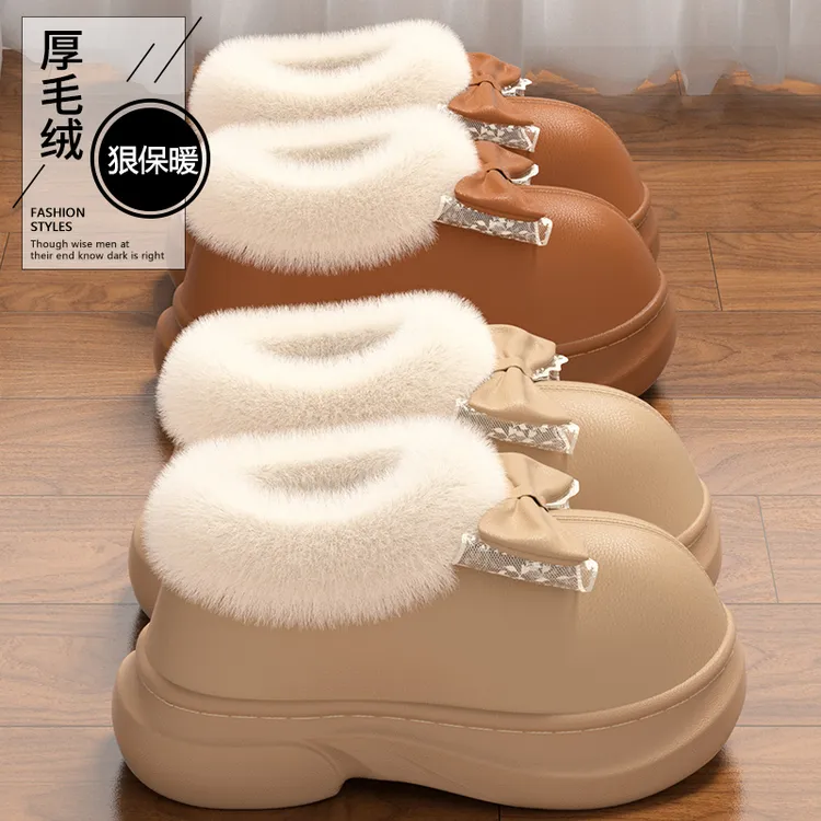 蝴蝶结防水包跟棉拖鞋女士冬季2025新款室内家居毛绒保暖外穿棉鞋