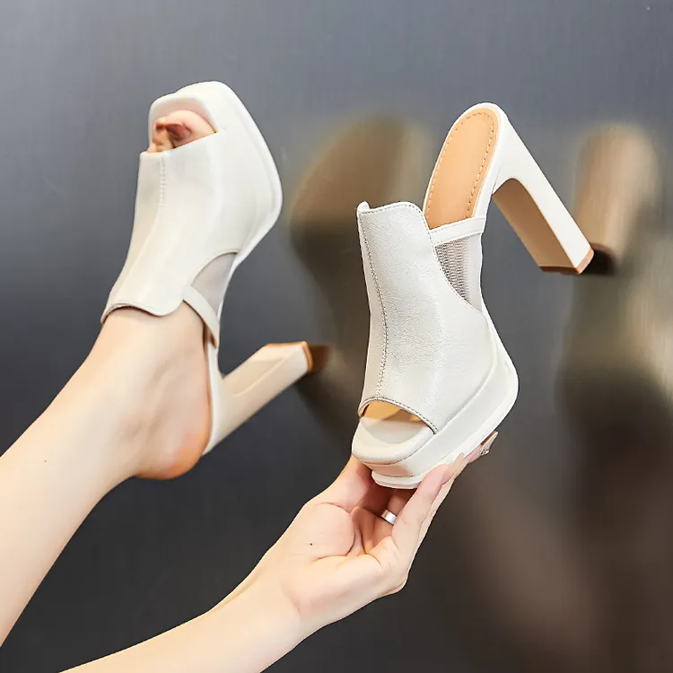 鱼嘴粗跟半拖鞋女外穿2025夏新款设计感网纱高跟鞋女不累脚高级感