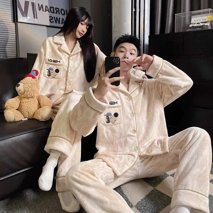 秋冬季珊瑚绒加绒加厚情侣睡衣可爱小狗男女士冬天保暖家居服套装