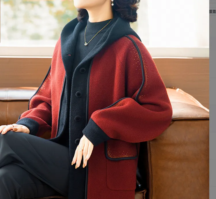 妈妈秋装针织外套洋气时尚2025新款50岁中老年女秋冬红色呢子大衣