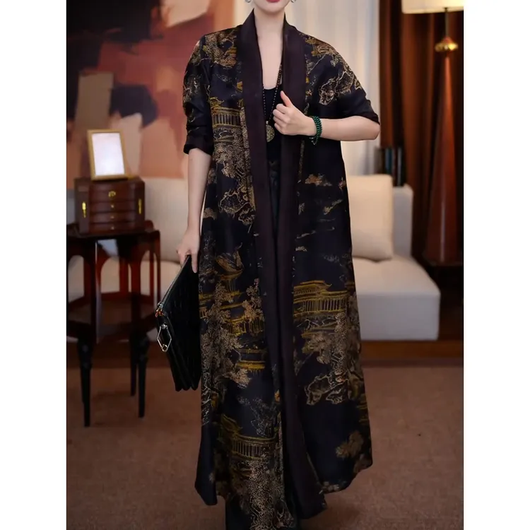 新中式国风复古印花长袖外套2025秋季新款贵夫人宽松百搭长款大衣