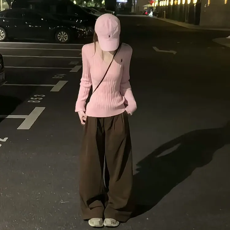 【现货】2025秋v领长袖针织衫韩系毛衣松弛感长裤套装女X11206