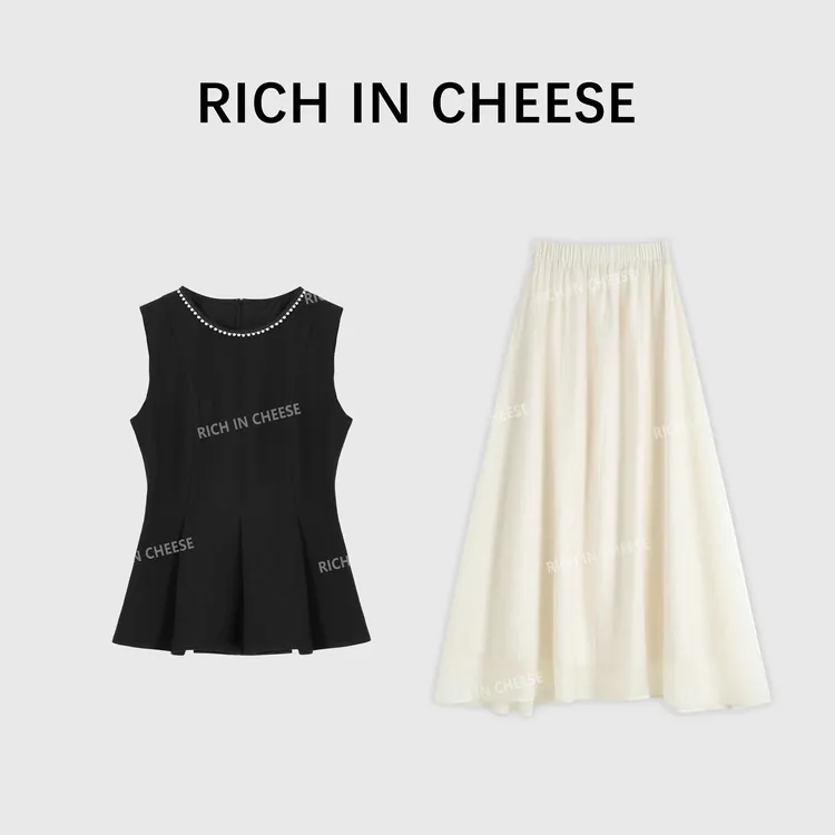 舒胡蕾 白茶珍珠 千金感套装显瘦气质时尚长款法式无袖长裙百搭