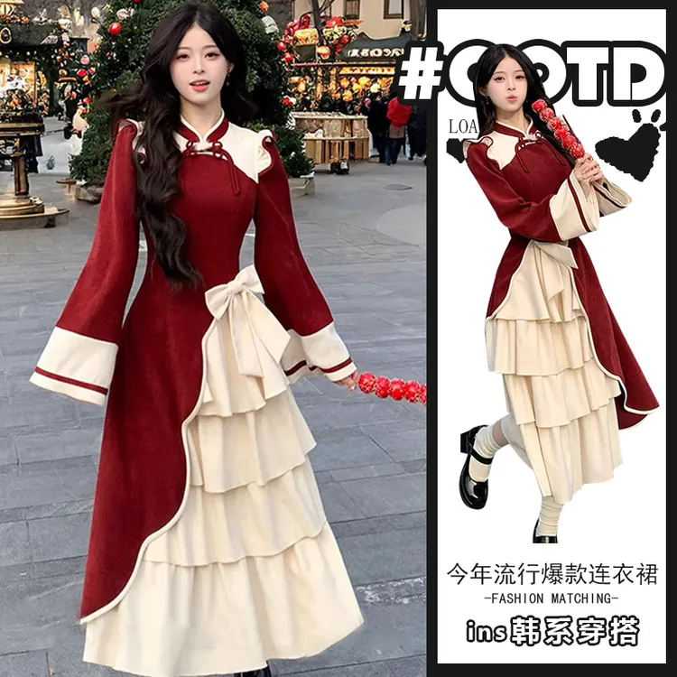 2025春秋新款复古气质在逃公主连衣裙新中式国风立领蝴蝶结蛋糕裙