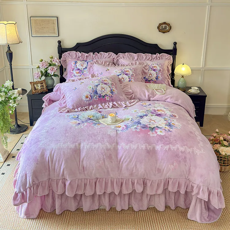 冬季公主风牛奶绒四件套加厚兔兔绒双面暖绒被套床盖法式床品套件