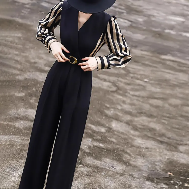 【沐紫】2025春季新款气质通勤条纹高腰系带连体裤女D0522