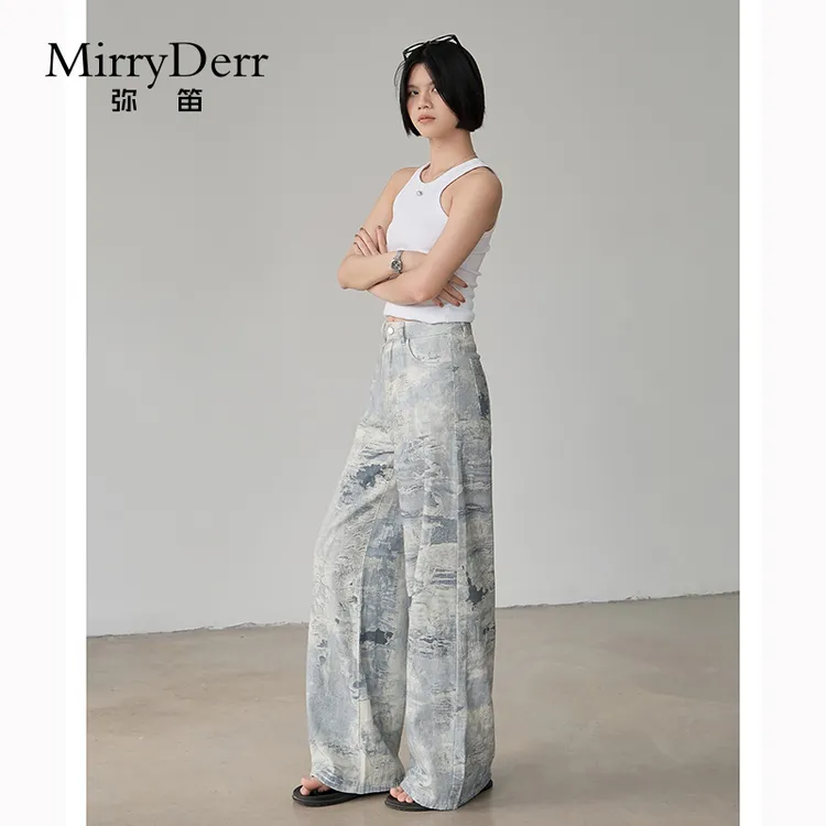MirryDerr/弥笛时髦扎染阔腿牛仔裤女2025夏季新款高腰百搭直筒裤