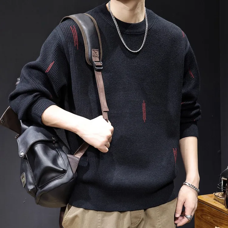 MR.MUDI/穆迪先生撞色挑纱针织衫秋冬新款圆领休闲毛衣男宽松高端