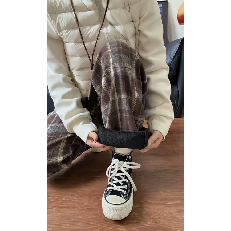 美拉德棕色格子裤男款加绒加厚冬季慵懒风格纹裤子防寒保暖休闲裤
