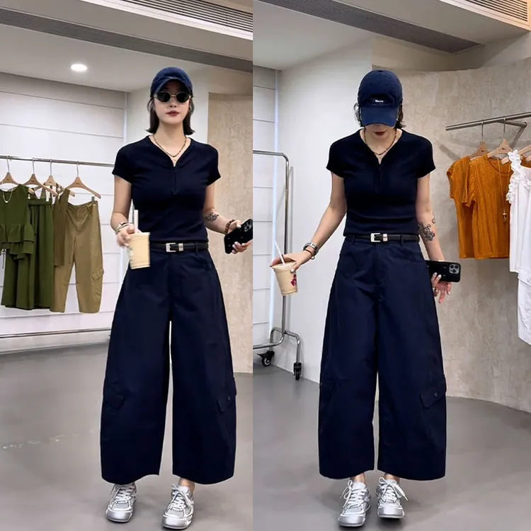 设计感别致显瘦藏青色上衣韩版宽松休闲九分裤欧美气质辣妹套装潮