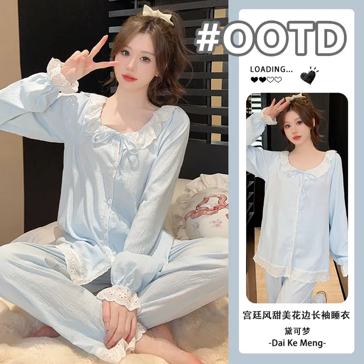 2025新款睡衣女春秋款甜美公主风蕾丝花边长袖长裤休闲家居服套装