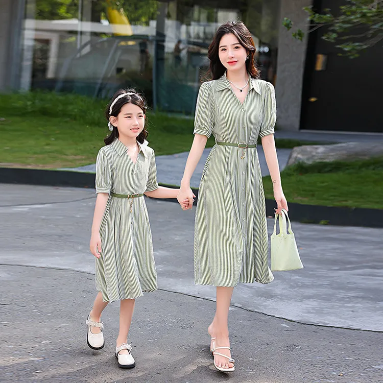 高端母女装条纹短袖衬衫裙夏季新款亲子装洋气显瘦时髦夏装连衣裙