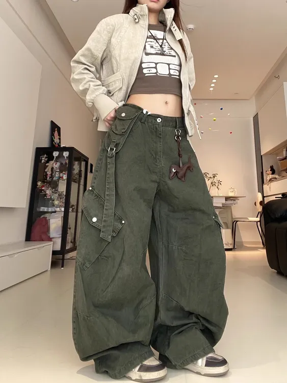 BINXLAN口袋军绿美式复古工装裤女秋季宽松阔腿弯刀裤子男设计感