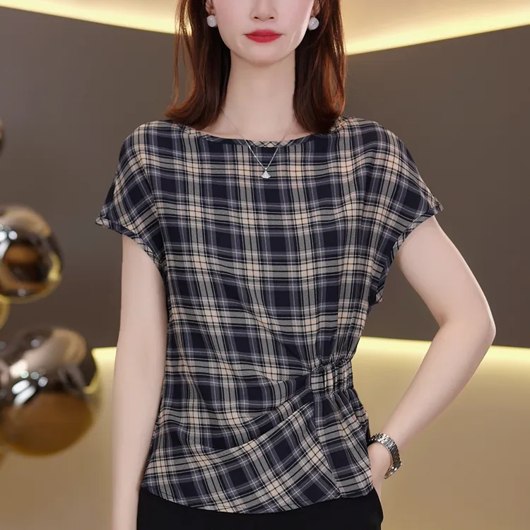 2025夏季新款格纹T恤上衣女洋气显瘦短袖夏天衣服 2922