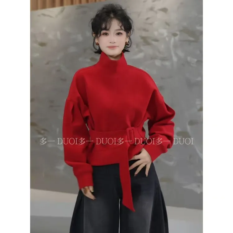 多一“枫柔”2025冬季半高领加绒套头腰带收腰松紧廓形百搭卫衣