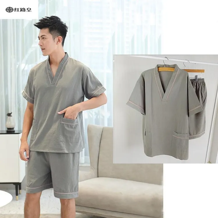 纯棉汗蒸服男新款大码套装足疗家居服睡衣按摩洗浴中心女款浴衣