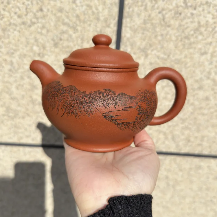 宜兴正品紫砂壶原矿黄龙山矿标大红泥刻字大亨掇只500cc精工半手